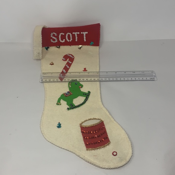 Vintage SCOTT felt Christmas stocking w/drum, rocking horse, candy cane, sequin - Picture 9 of 17